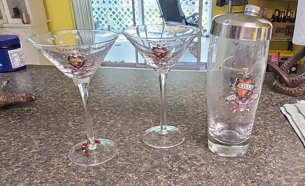 Ed Hardy Love Kills Slowly Cocktail Shaker and Martini Glasses Set